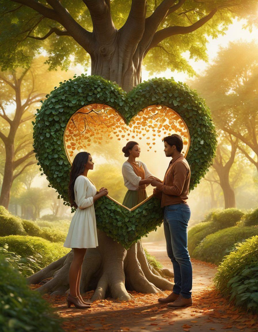 A harmonious scene depicting a couple standing together under a tree, one holding a heart symbol while the other holds a shield representing economic security. Soft sunlight filtering through leaves, casting warm tones around them, illustrating love and protection in their relationship. Elements of nature intertwined with symbols of finance, like coins and heart shapes. serene atmosphere. vibrant colors. super-realistic.