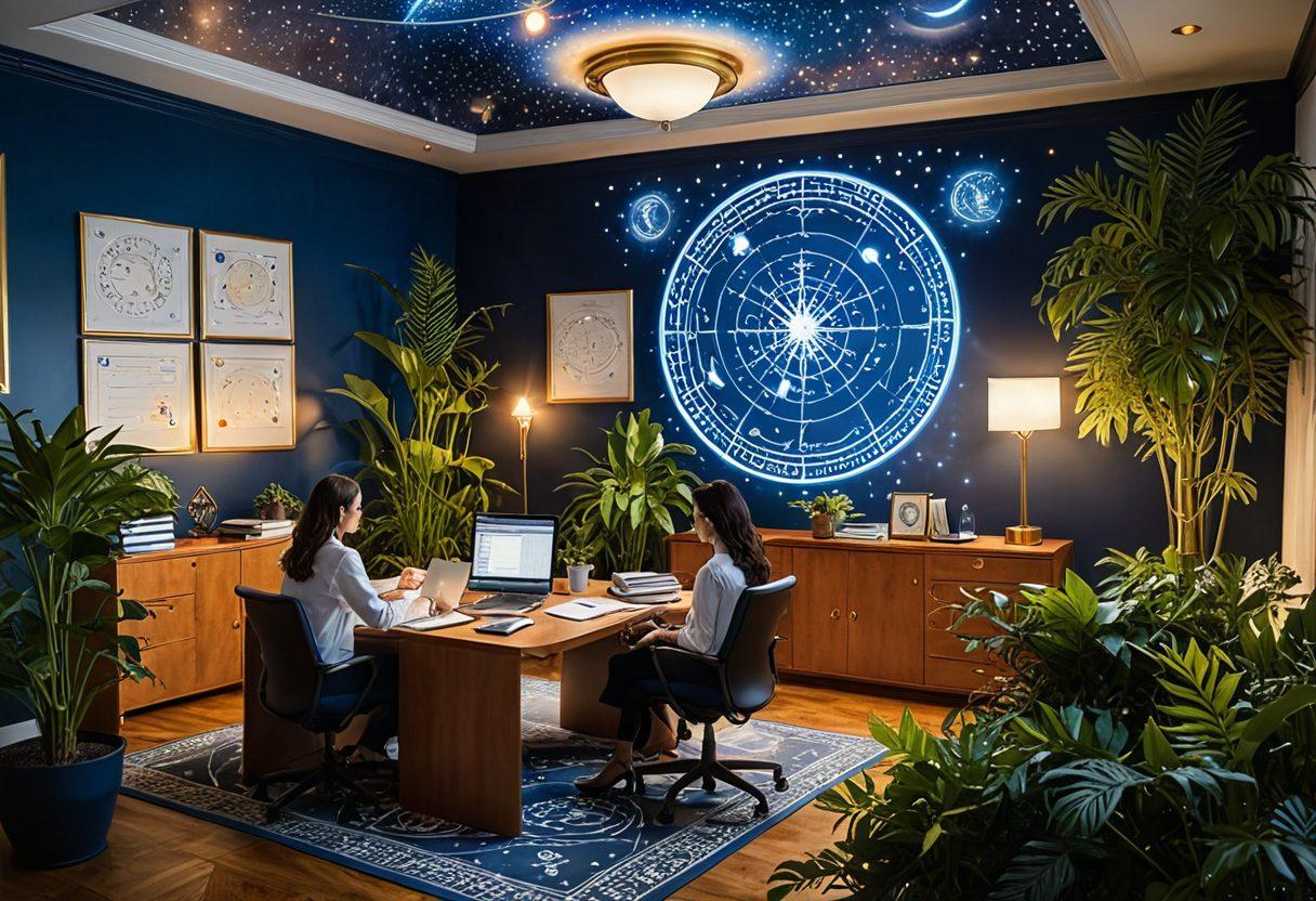 A mystical scene featuring an astrological chart overlaying a modern office filled with insurance documents and a laptop. Constellations and zodiac symbols glow subtly in the background, while a diverse group of professionals discuss customized insurance plans, surrounded by tropical plants and warm lighting. Rich gold and deep blue tones evoke a sense of wisdom and creativity. surreal illustration. vibrant colors.