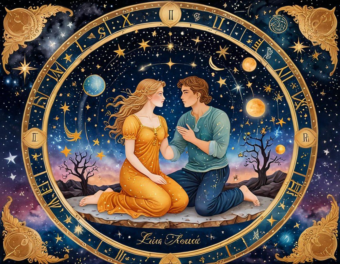 A celestial scene where zodiac signs are intertwined with insurance symbols like shields and locks, symbolizing love and security. Use soft, warm colors to evoke a sense of comfort and safety. Include a starry night sky with constellations forming heart shapes, representing the guidance of astrological insights. The foreground features a harmonious couple contemplating their choices, surrounded by mystical astrological diagrams. super-realistic. vibrant colors. cosmic theme.